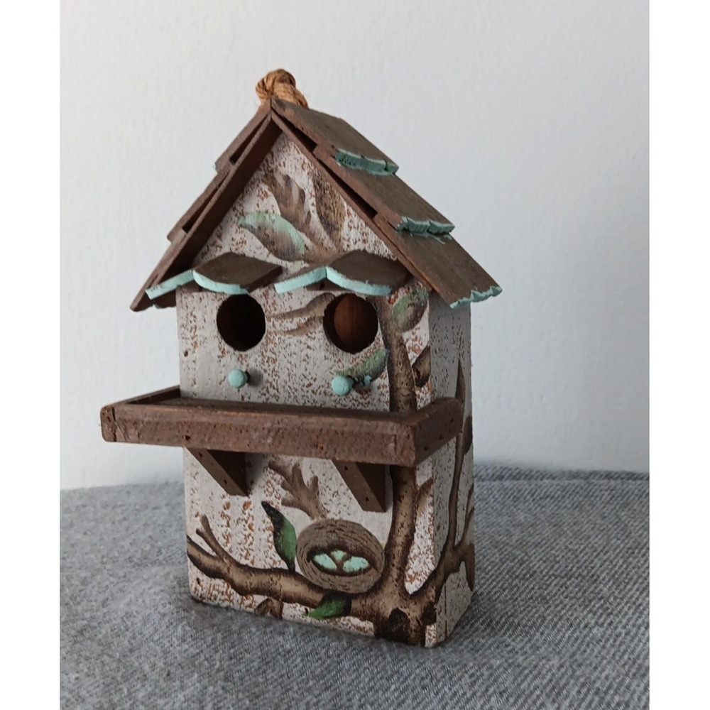 Handmade Hand-Painted Wooden Bird House Floral Hanging Indoor Outdoor 7.5x4.3x2 - Picture 2 of 10